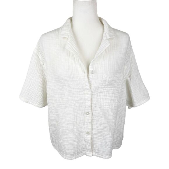 Stars Above Button Up Shirt Women Medium White Gauze Textured Short Sleeve Top - Picture 1 of 13